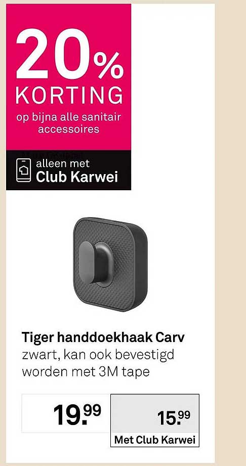 Tiger handdoekhaak Carv zwart, kan ook bevestigd worden met 3M tape