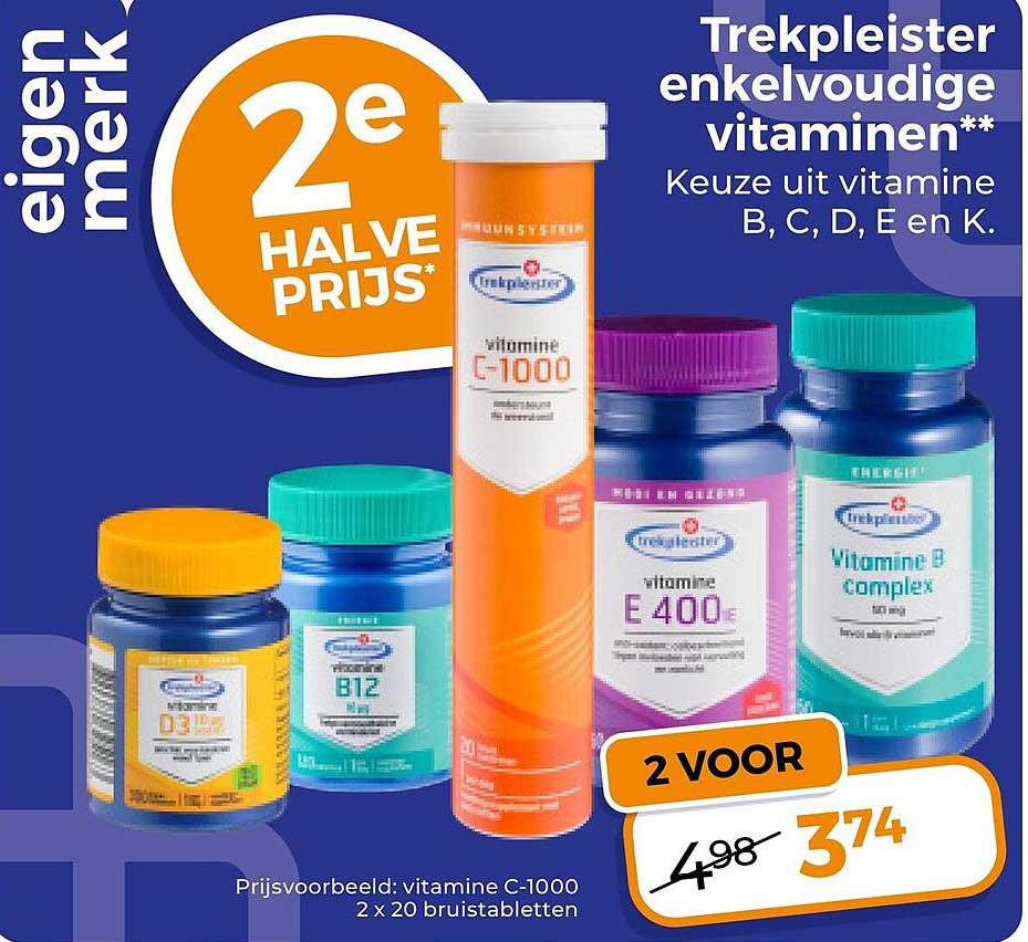 Trekpleister enkelvoudige vitaminen** Keuze uit vitamine B, C, D, E en K. 2e halve prijs*