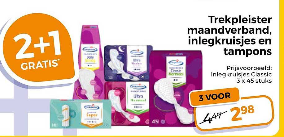 Trekpleister maandverband, inlegkruisjes en tampons 2+1 gratis