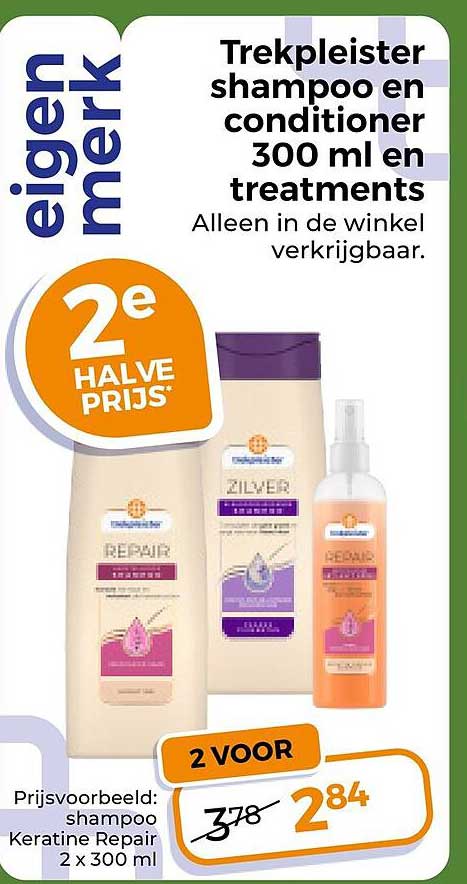 Trekpleister shampoo en conditioner 300 ml en treatments 2e halve prijs