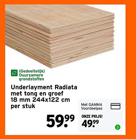Underlayment Radiata met tong en groef 18 mm 244x122 cm per stuk