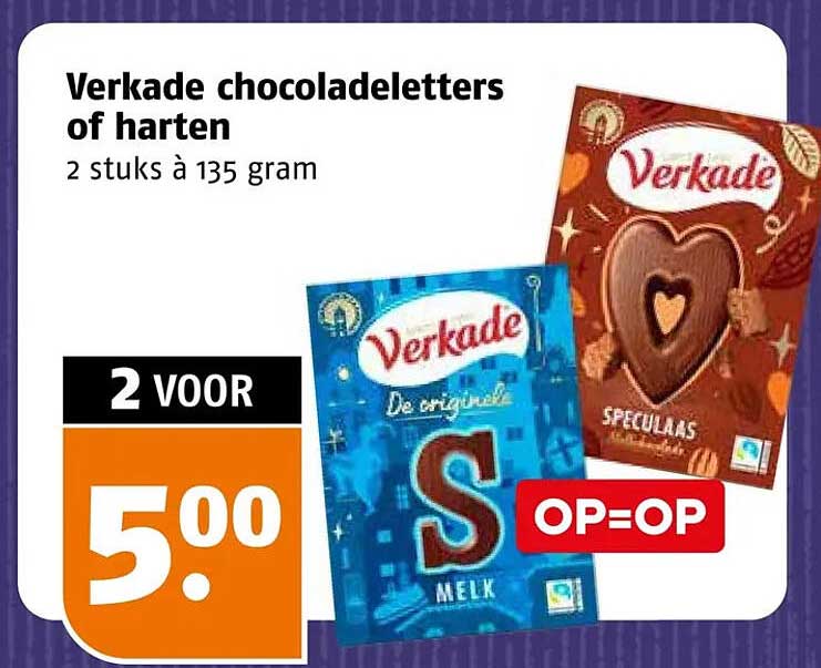 Verkade chocoladeletters of harten 2 stuks à 135 gram