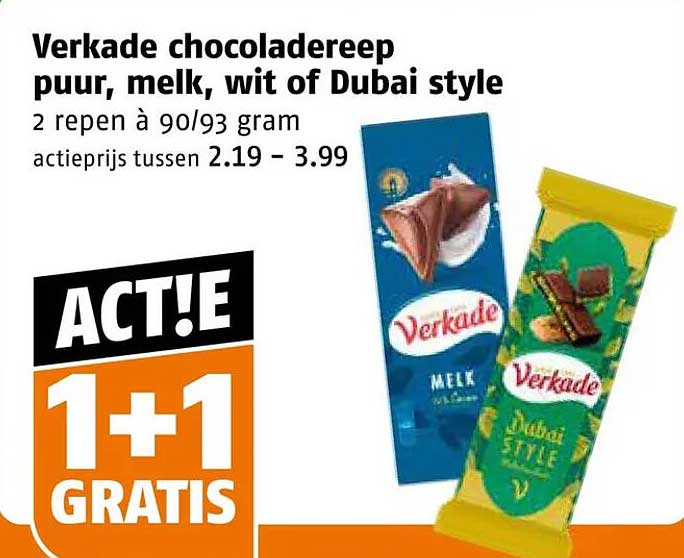 Verkade chocoladereep puur, melk, wit of Dubai style 2 repen à 90/93 gram 1+1 gratis