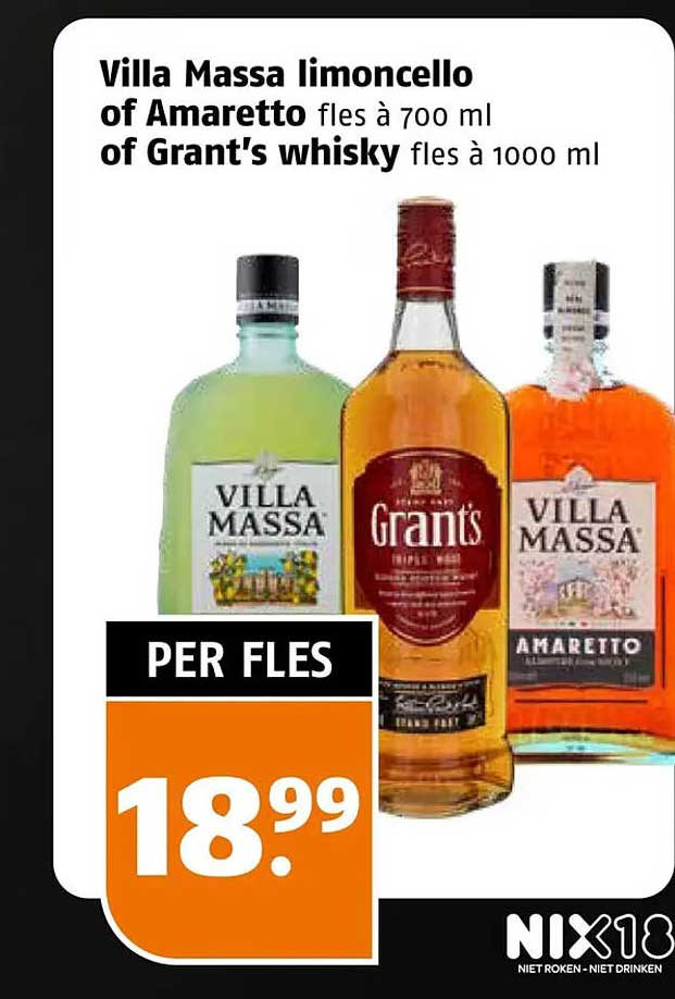 Villa Massa limoncello of Amaretto fles à 700 ml of Grant's whisky fles à 1000 ml PER FLES