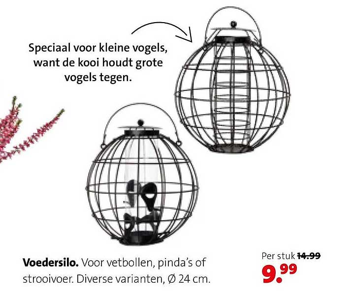 Voedersilo. Voor vetbollen, pinda’s of strooivoer. Diverse varianten, Ø 24 cm.