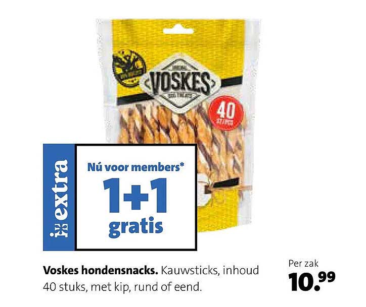 Voskes hondensnacks, Kauwsticks, inhoud 40 stuks, met kip, rund of eend. 1+1 gratis
