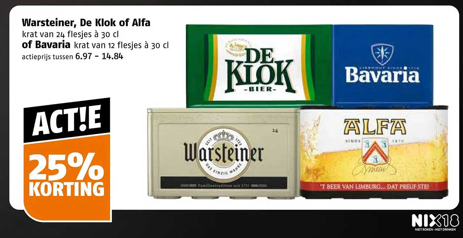 Warsteiner, De Klok of Alfa krat van 24 flesjes à 30 cl of Bavaria krat van 12 flesjes à 30 cl 25% KORTING