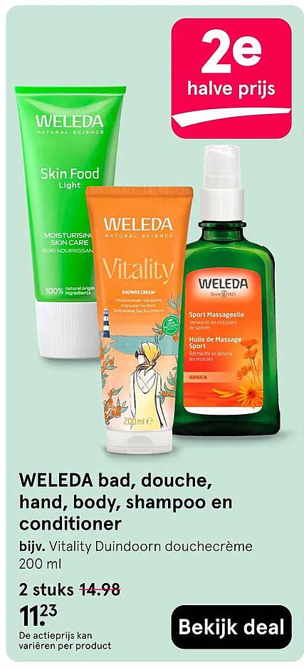 WELEDA bad, douche, hand, body, shampoo en conditioner bijv. Vitality Duindoorn douchecrème 200 ml 2 stuks 2e halve prijs