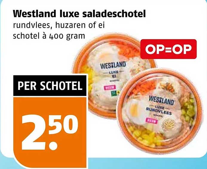 Westland luxe saladeschotel rundvlees, huzaren of ei schotel à 400 gram OP=OP