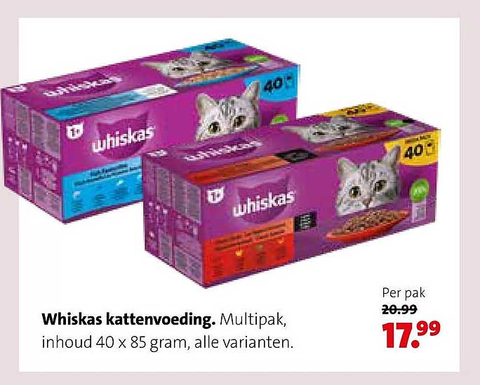 Whiskas kattenvoeding. Multipak, inhoud 40 x 85 gram, alle varianten.