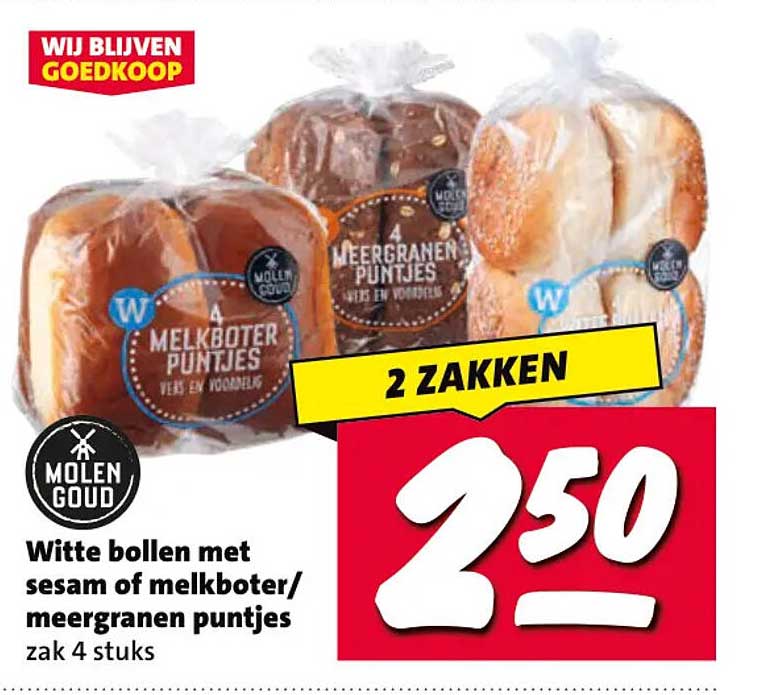 Witte bollen met sesam of melkboter/meergranen puntjes zak 4 stuks 2 ZAKKEN
