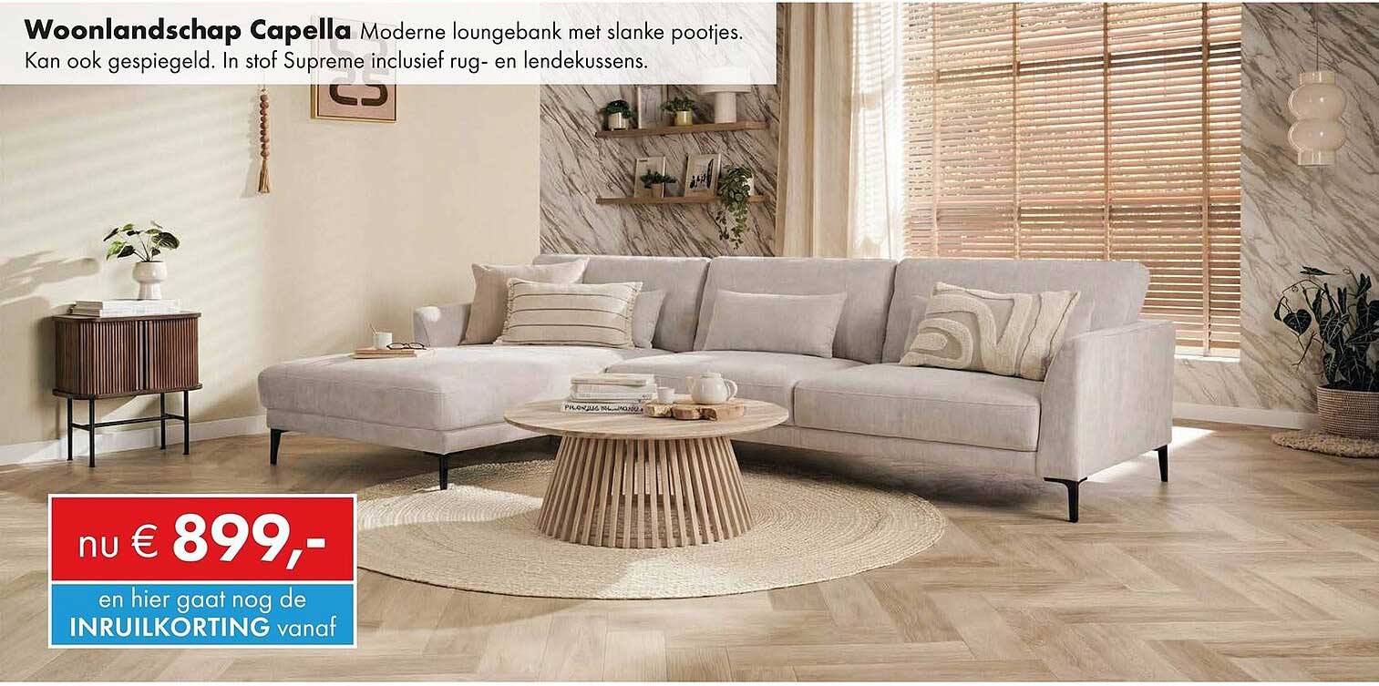 Woonlandschap Capella Moderne loungebank met slanke pootjes. Kan ook gespiegeld. In stof Supreme inclusief rug- en lendekussens.