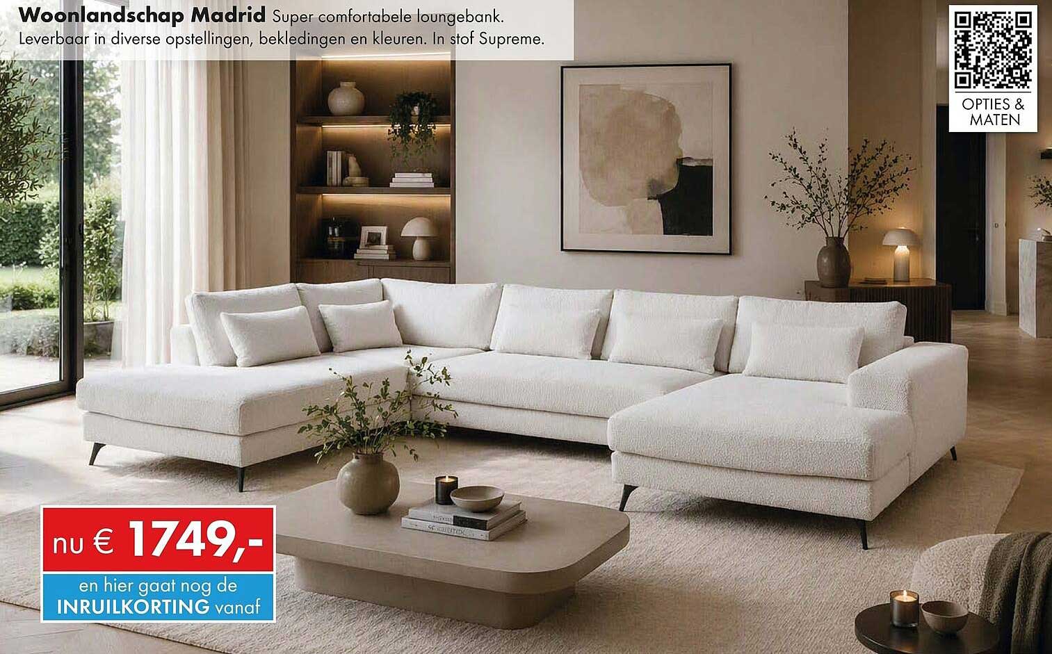 Woonlandschap Madrid Super comfortabele loungebank. Leverbaar in diverse opstellingen, bekledingen en kleuren. In stof Supreme.