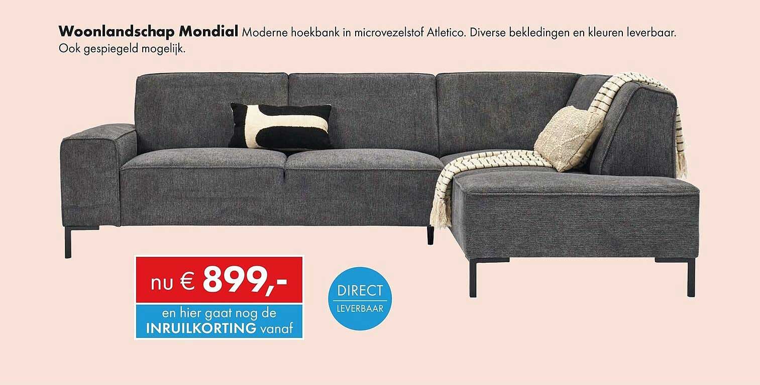 Woonlandschap Mondial Moderne hoekbank in microvezelstof Atletico. Diverse bekledingen en kleuren leverbaar. Ook gespiegeld mogelijk.