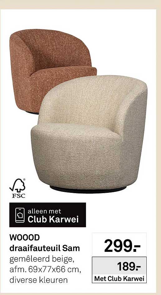WOOOD draaifauteuil Sam gemêleerd beige, afm. 69x77x66 cm, diverse kleuren