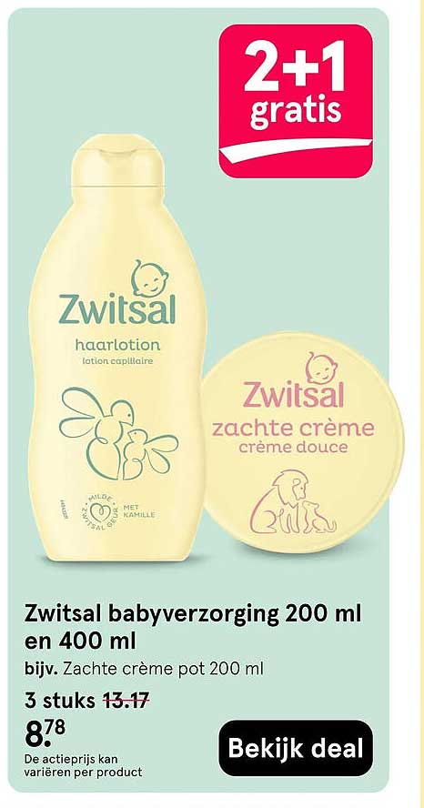 Zwitsal babyverzorging 200 ml en 400 ml 2+1 gratis