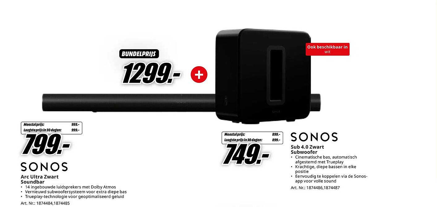 SONOS Arc Ultra Zwart Soundbar + SONOS Sub 4.0 Zwart Subwoofer