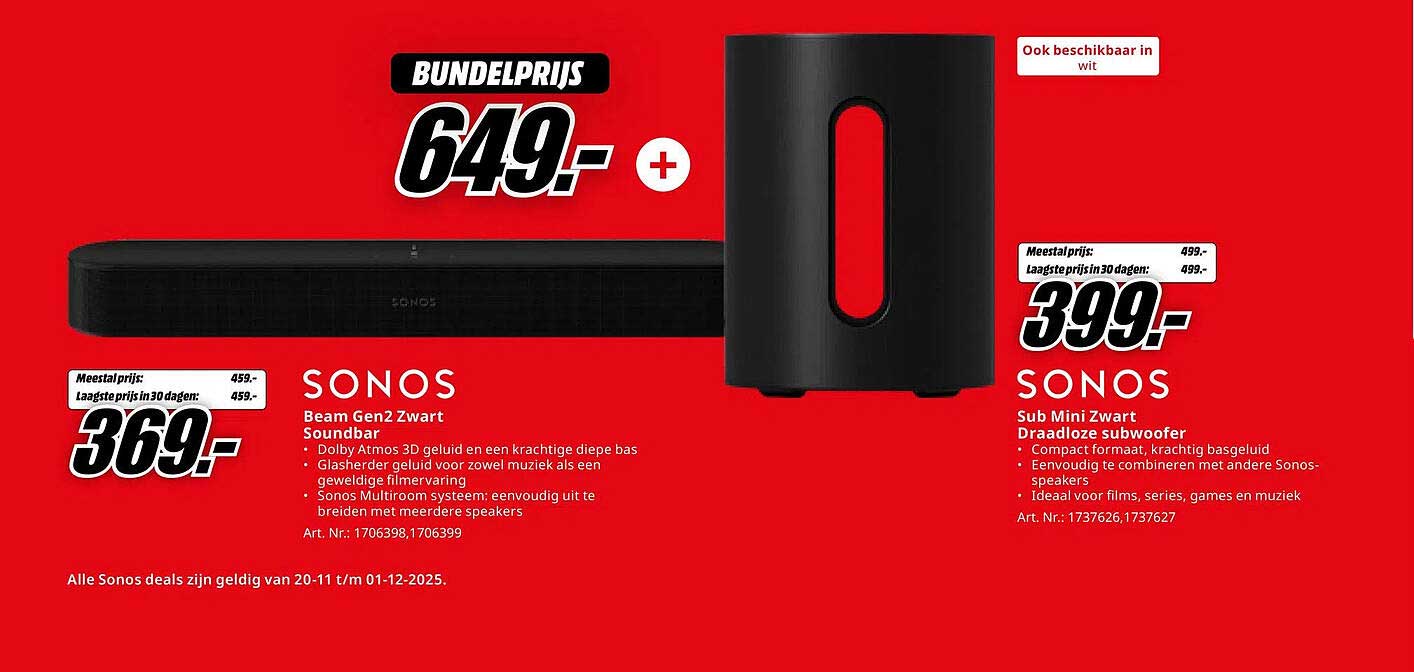 Sonos Beam Gen2 Zwart Soundbar + Sub Mini Zwart Draadloze subwoofer