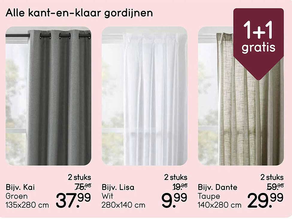 Alle kant-en-klaar gordijnen 1+1 gratis