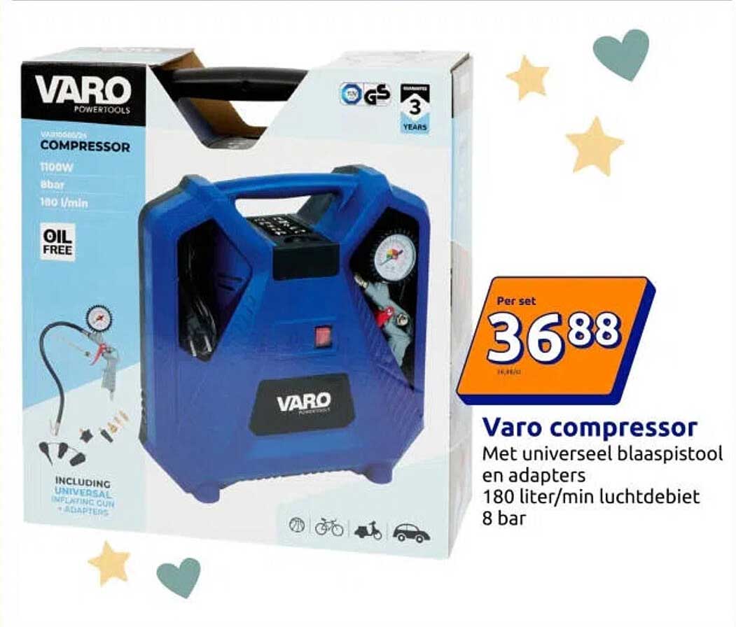Varo compressor Met universeel blaaspistool en adapters 180 liter/min luchtdebiet 8 bar