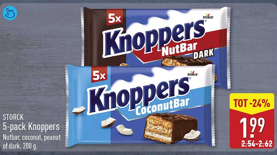 5-pack Knoppers Nutbar, coconut, peanut of dark. 200 g. TOT -24%
