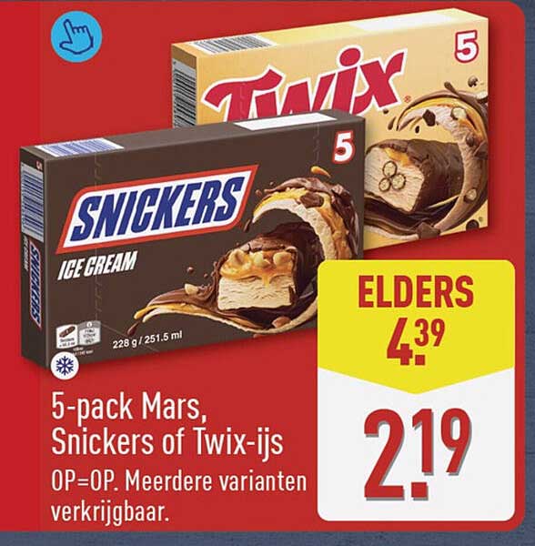 5-pack Mars, Snickers of Twix-ijs OP=OP. Meerdere varianten verkrijgbaar.