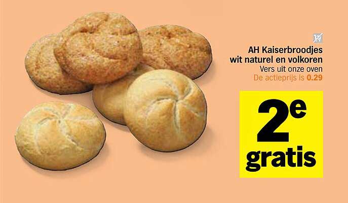 AH Kaiserbroodjes wit naturel en volkoren Vers uit onze oven 2e gratis