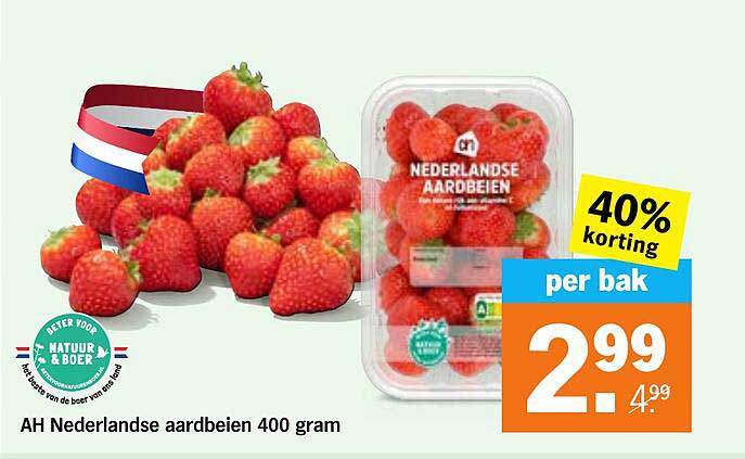 AH Nederlandse aardbeien 400 gram 40% korting per bak