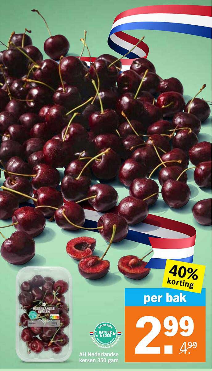 AH Nederlandse kersen 350 gram 40% korting per bak