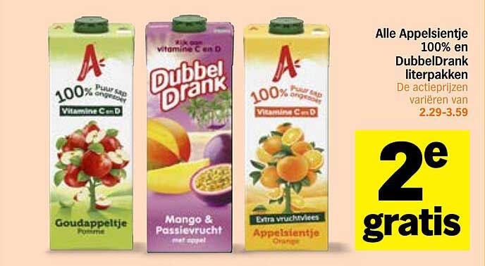 Alle Appelsientje 100% en DubbelDrank literpakken 2e gratis
