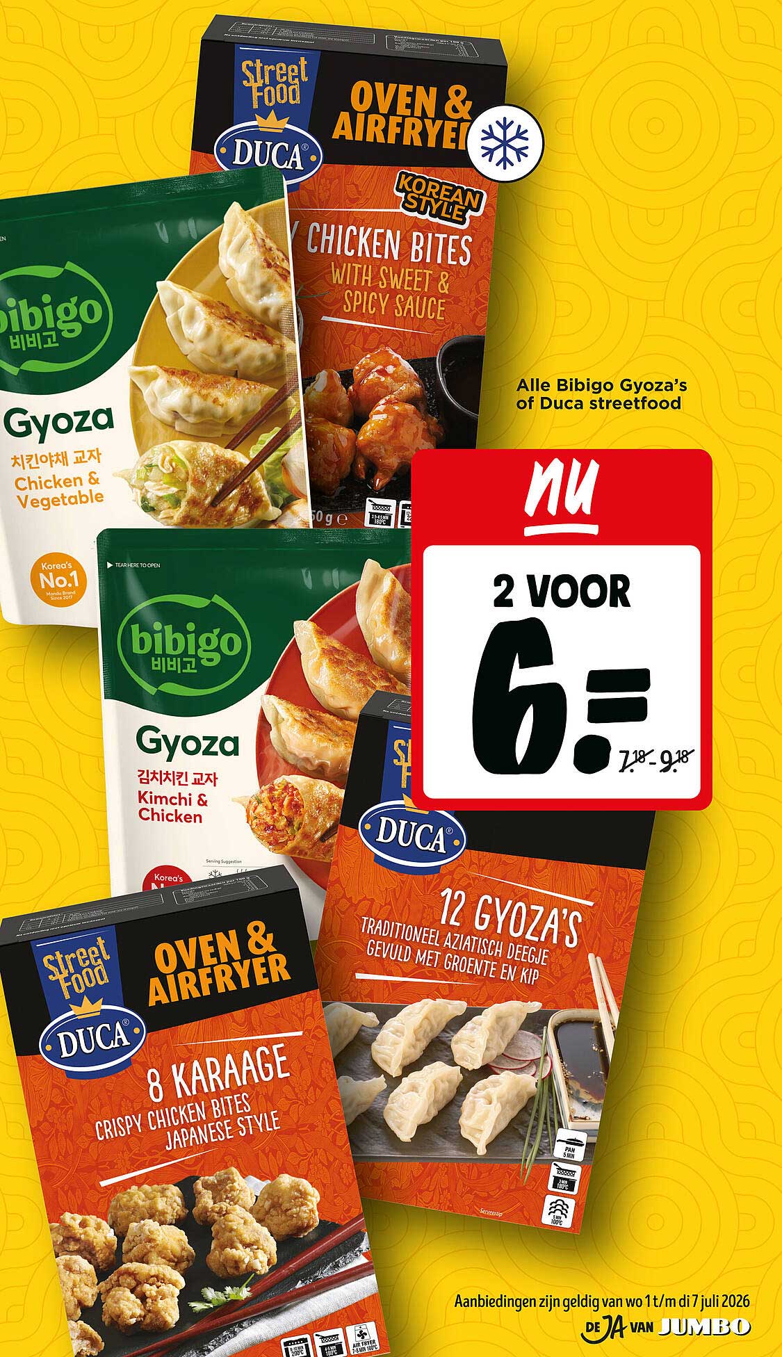 Alle Bibigo Gyoza’s of Duca streetfood 2 voor 6.-