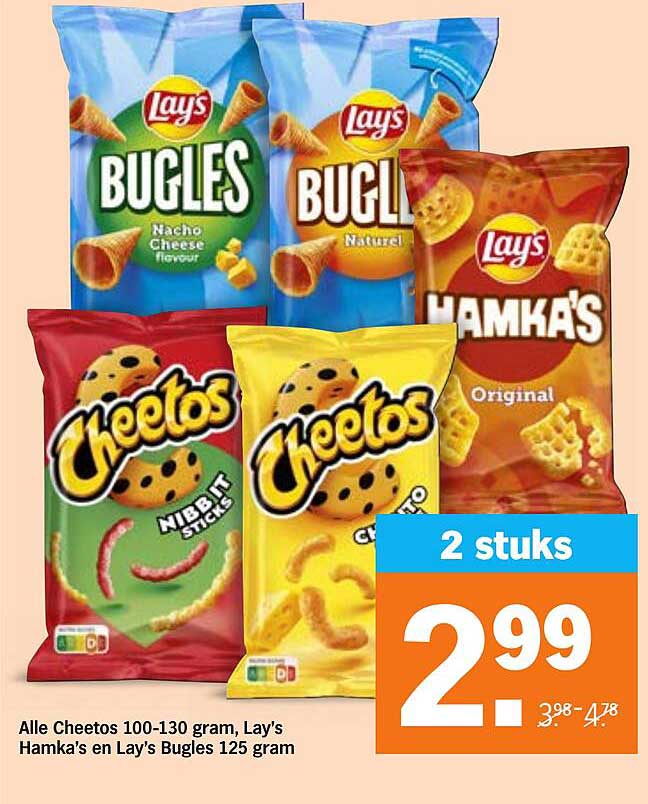 Alle Cheetos 100-130 gram, Lay's Hamka's en Lay's Bugles 125 gram 2 stuks