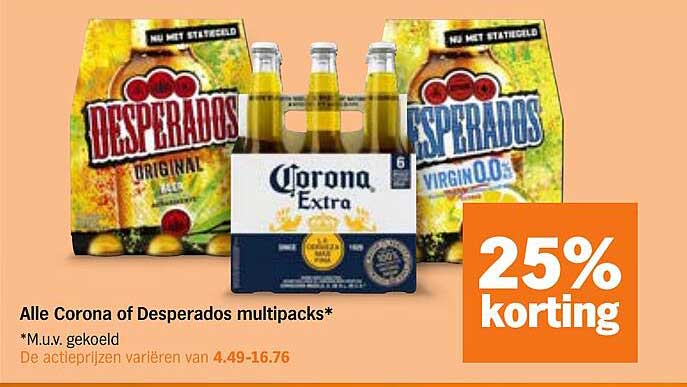 Alle Corona of Desperados multipacks* 25% korting