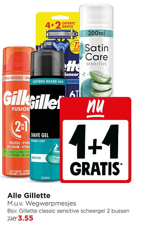 Alle Gillette M.u.v. Wegwerpmessjes Bijv. Gillette classic sensitive scheergel 2 bussen 1+1 GRATIS
