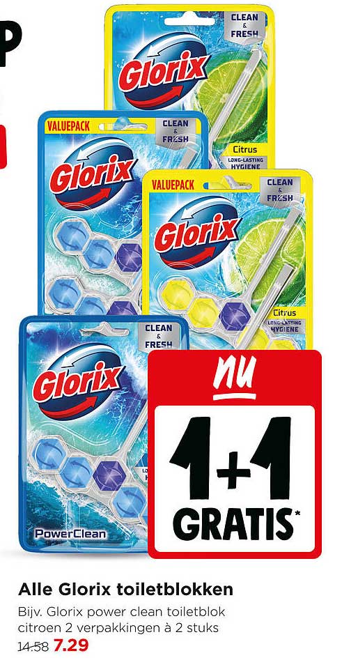 Alle Glorix toiletblokken 1+1 gratis