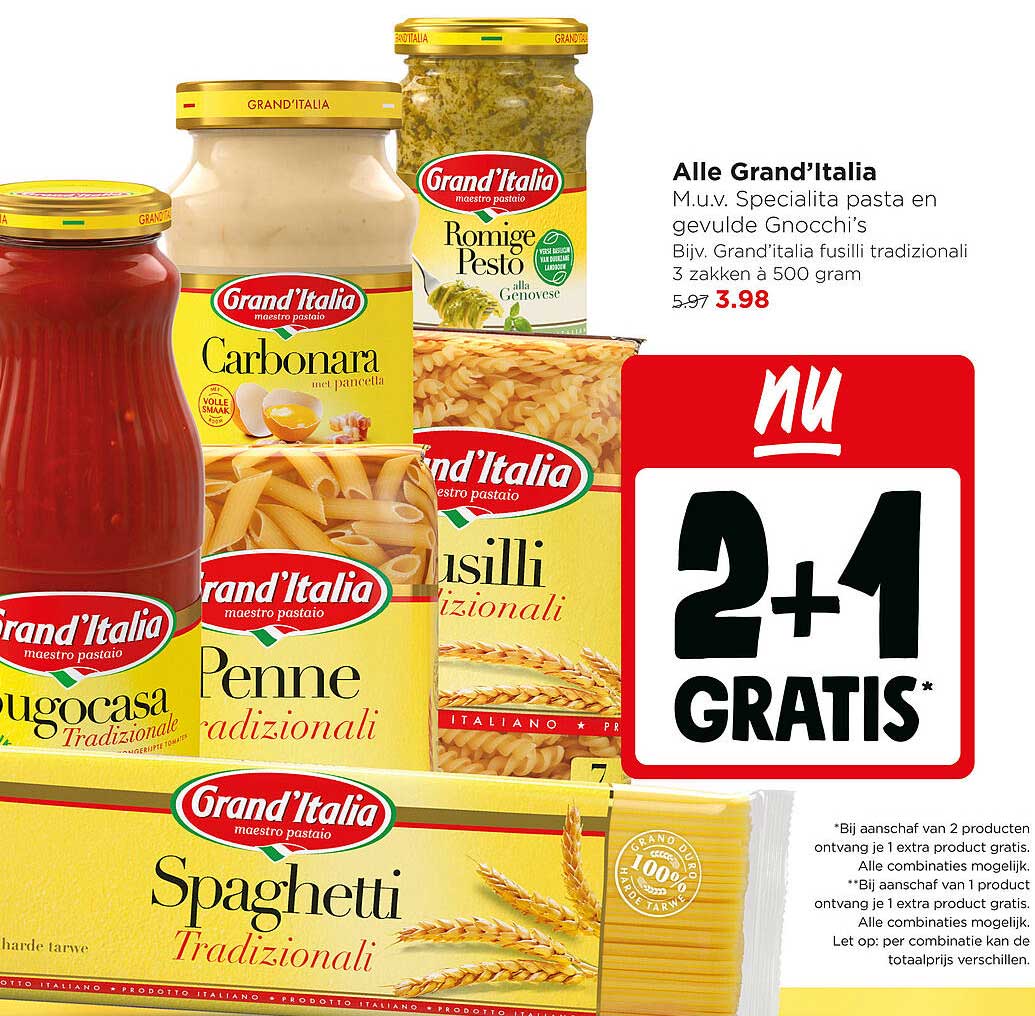 Alle Grand'Italia M.u.v. Specialita pasta en gevulde Gnocchi’s Bijv. Grand’Italia fusilli tradizionali 3 zakken à 500 gram 2+1 GRATIS*