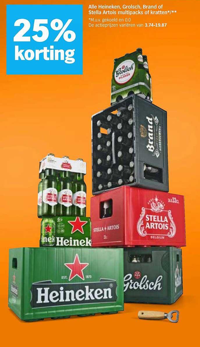 Alle Heineken, Grolsch, Brand of Stella Artois multipacks of kratten*/** 25% korting