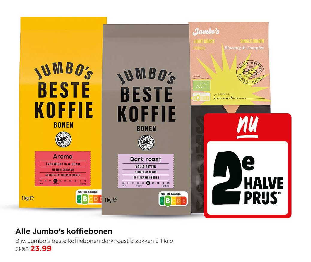 Alle Jumbo’s koffiebonen 2e halve prijs
