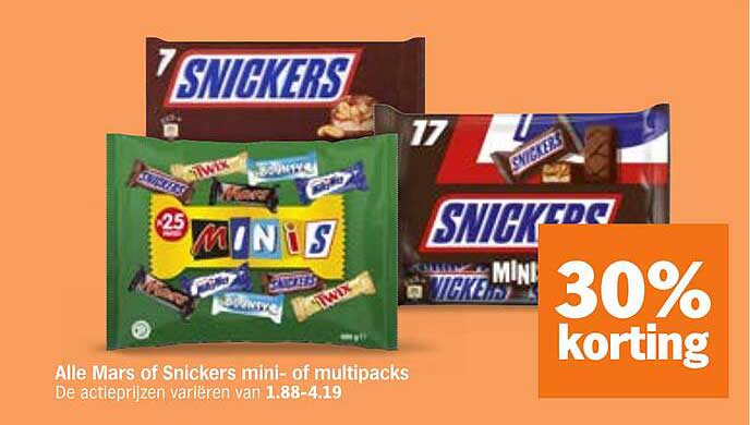 Alle Mars of Snickers mini- of multipacks 30% korting