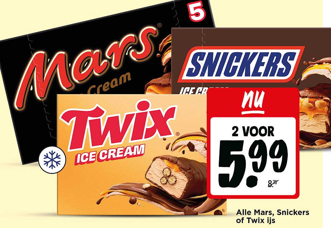 Alle Mars, Snickers of Twix ijs NU 2 voor 5.99