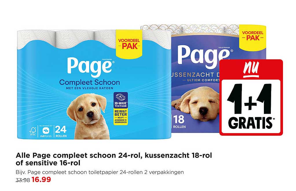 Alle Page compleet schoon 24-rol, kussenzacht 18-rol of sensitive 16-rol 1+1 GRATIS