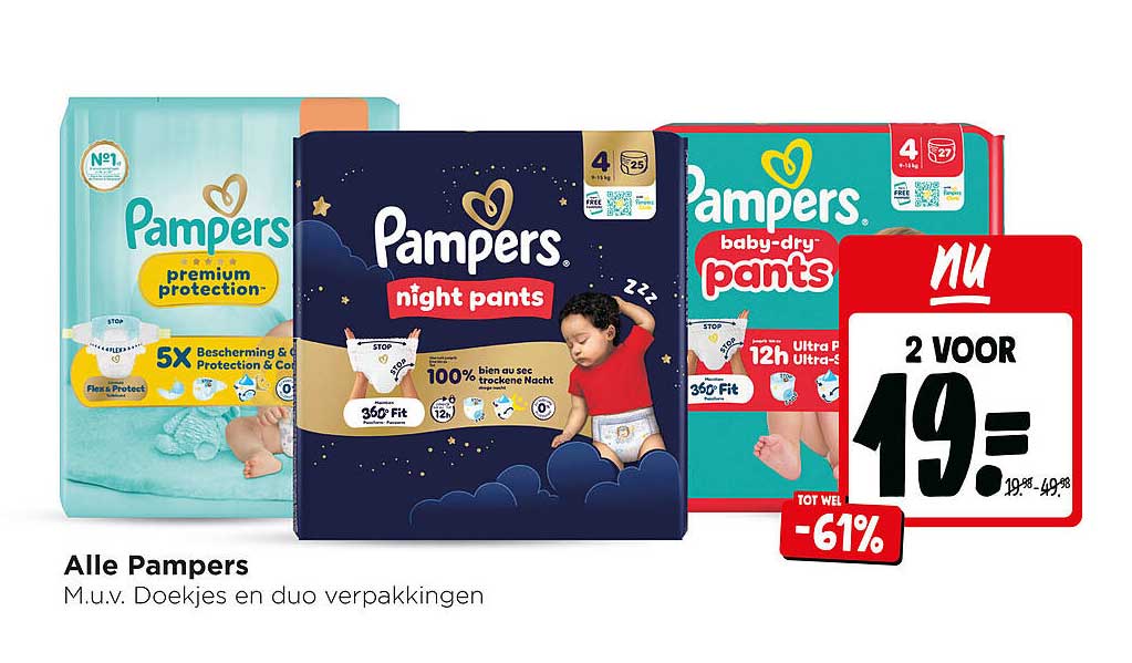 Alle Pampers M.u.v. Doekjes en duo verpakkingen 2 voor 19.=