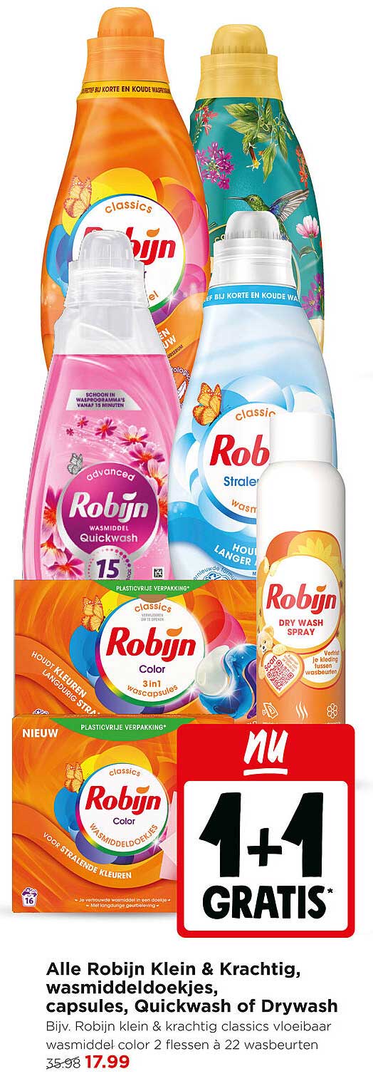 Alle Robijn Klein & Krachtig, wasmiddeldoekjes, capsules, Quickwash of Drywash 1+1 GRATIS