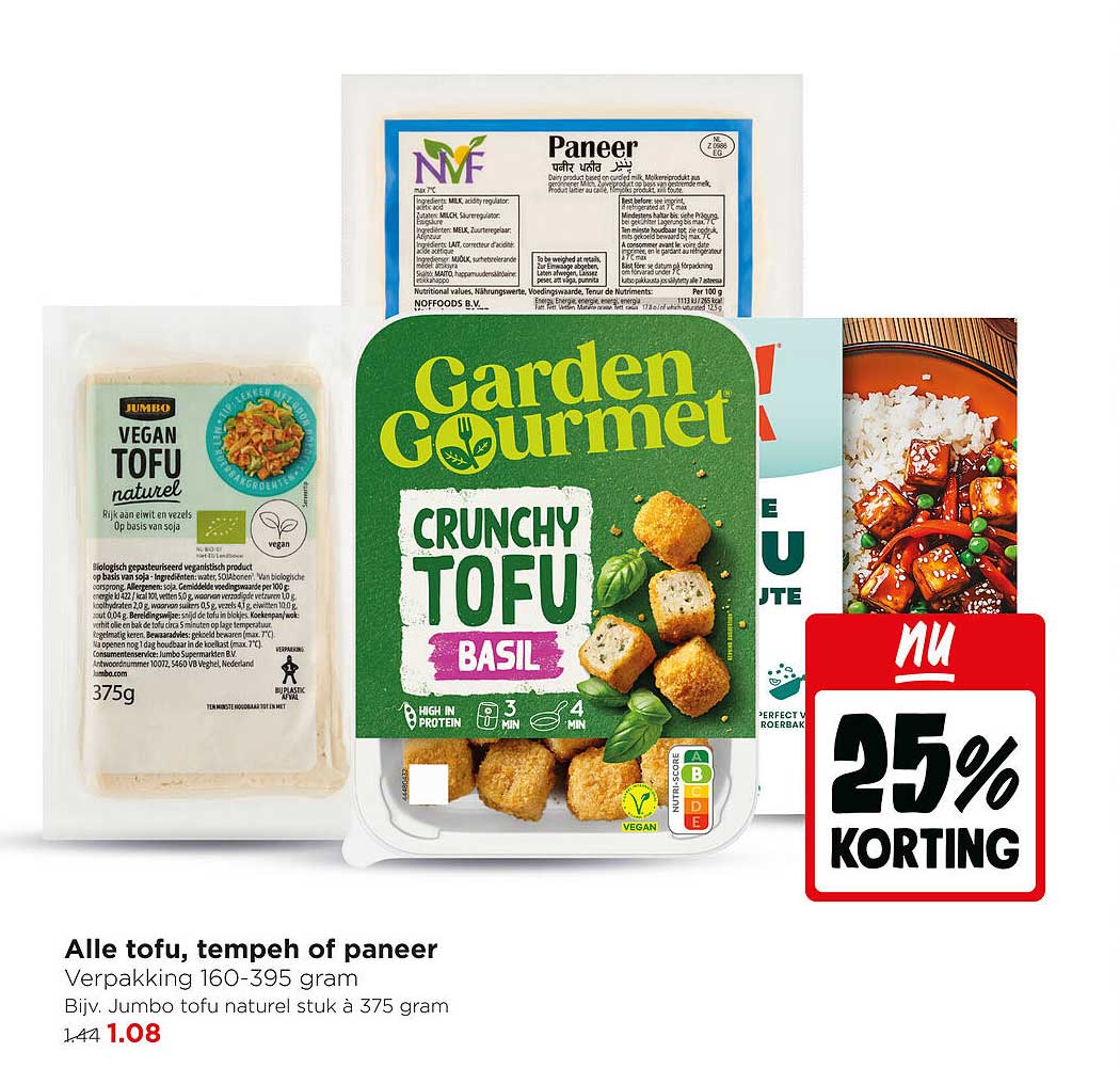 Alle tofu, tempeh of paneer 25% KORTING