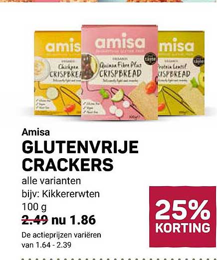 Amisa GLUTENVRIJE CRACKERS alle varianten bijv: Kikkererwten 100 g 25% KORTING