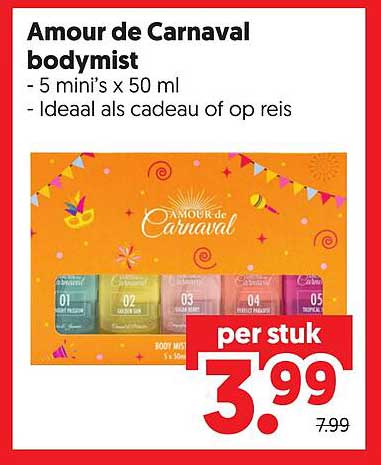 Amour de Carnaval bodymist - 5 mini’s x 50 ml - Ideaal als cadeau of op reis