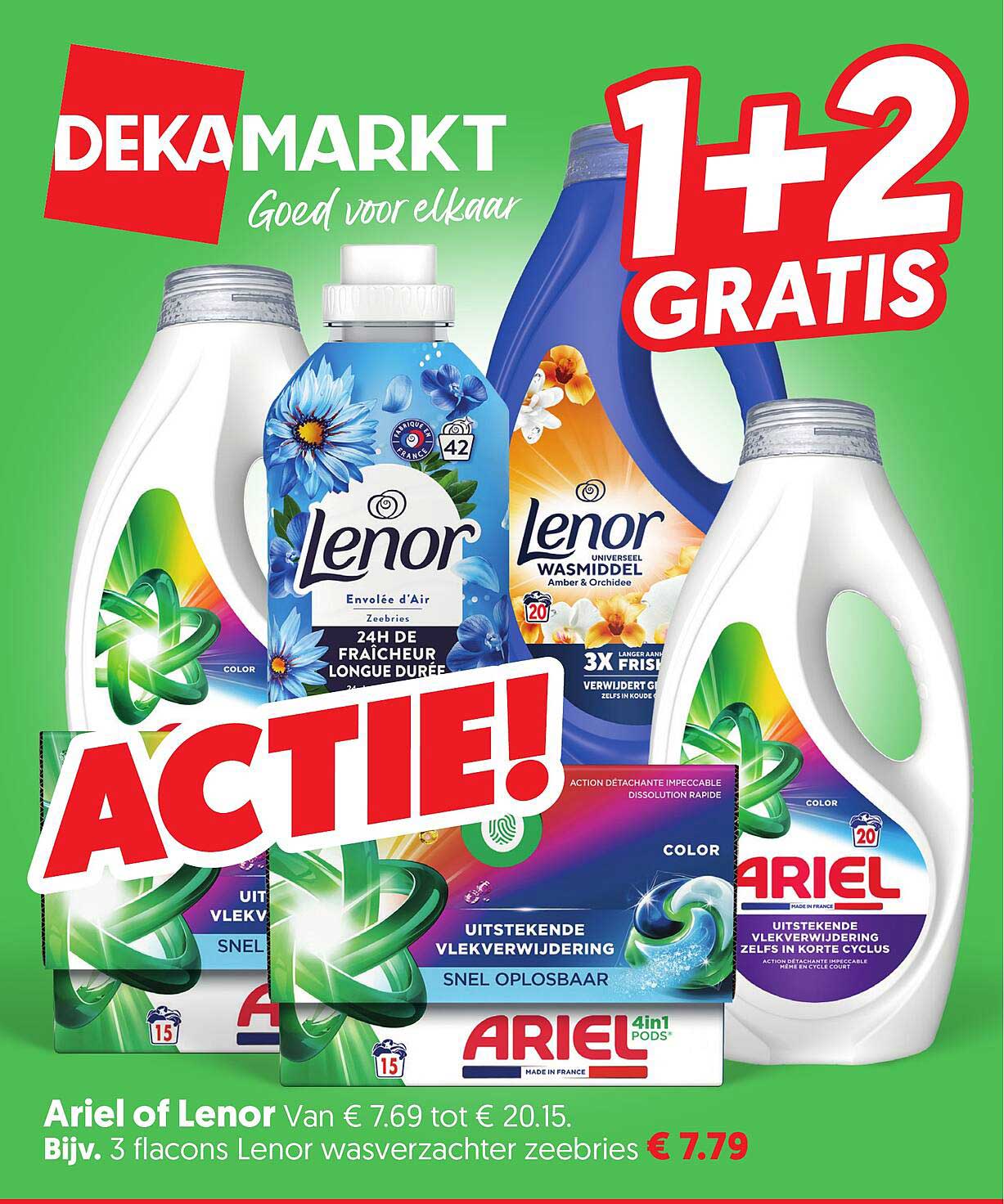 Ariel of Lenor Van € 7.69 tot € 20.15. Bijv. 3 flacons Lenor wasverzachter zeebries 1+2 gratis