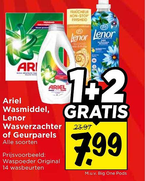 Ariel Wasmiddel, Lenor Wasverzachter of Geurparels Alle soorten 1+2 GRATIS