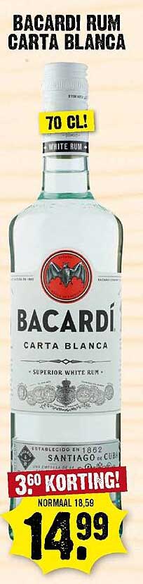 BACARDI RUM CARTA BLANCA 70 CL! 3.60 KORTING!