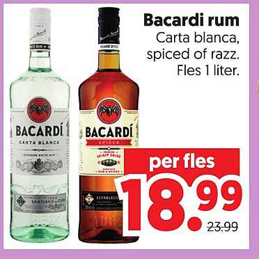 Bacardi rum Carta blanca, spiced of razz. Fles 1 liter.